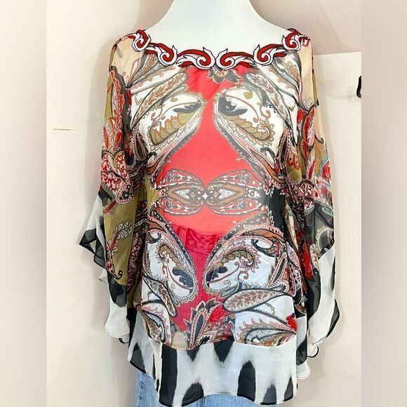 Alberto Makali Vintage Y2K Sheer Scarf Style Mixed Print Top M - Picture 1 of 6